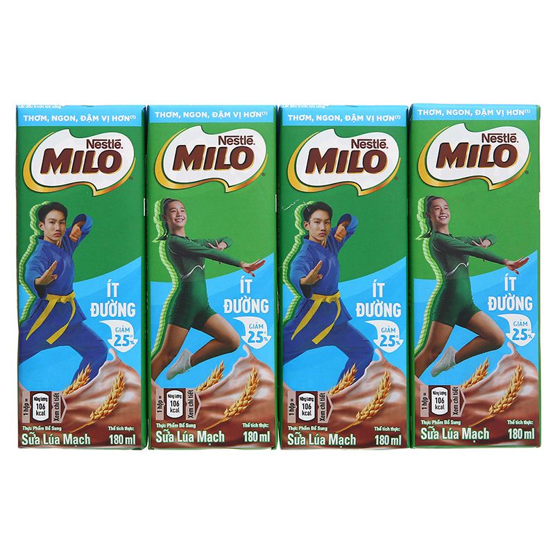  Thức uống lúa mạch Milo ít đường thùng 48 hộp x 180ml 