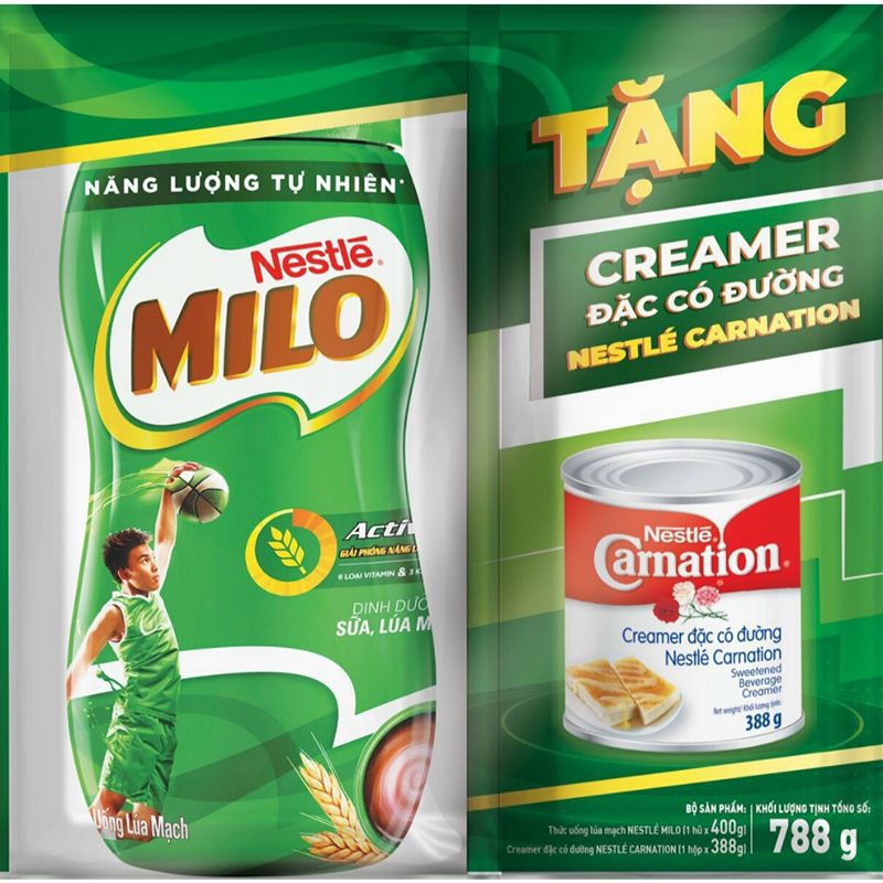  Thức uống từ mầm lúa mạch Milo Nestlé 2 hũ x 400g + Tặng sữa đặc 