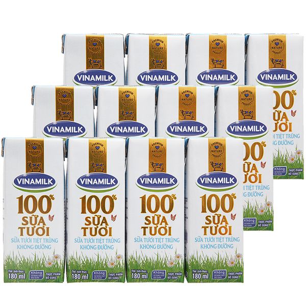  Sữa tươi tiệt trùng không đường Vinamilk 100% sữa tươi bộ 3 lốc x 4 hộp x 180ml 