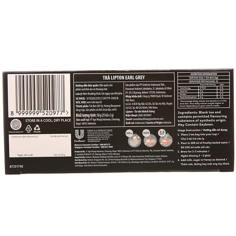  Trà đen Lipton Earl Grey 2g x 25 túi hộp 50g 