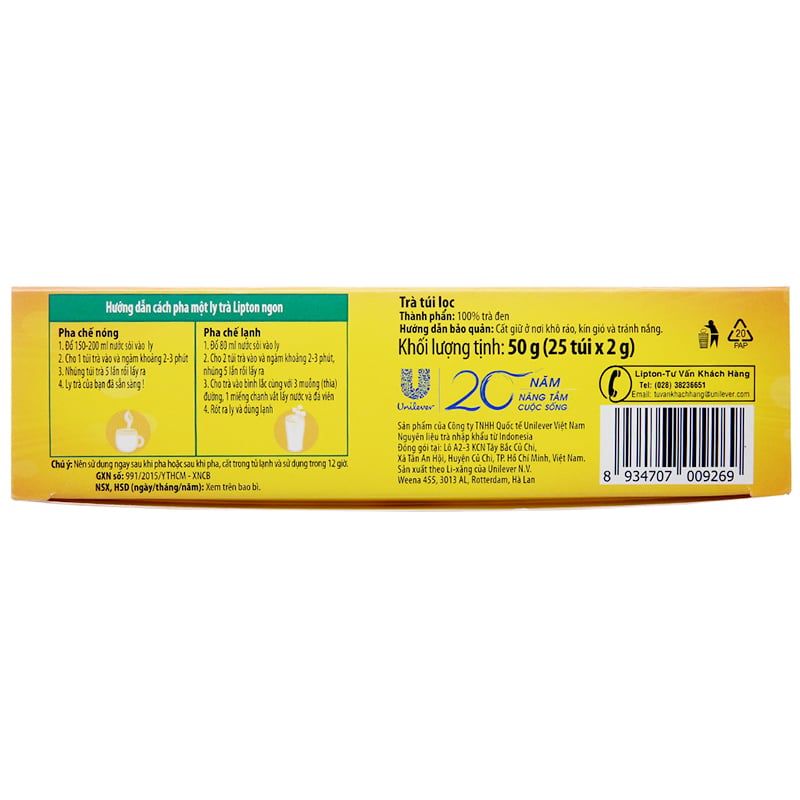  Trà đen túi lọc Lipton nhãn vàng hộp 25 gói x 2g 