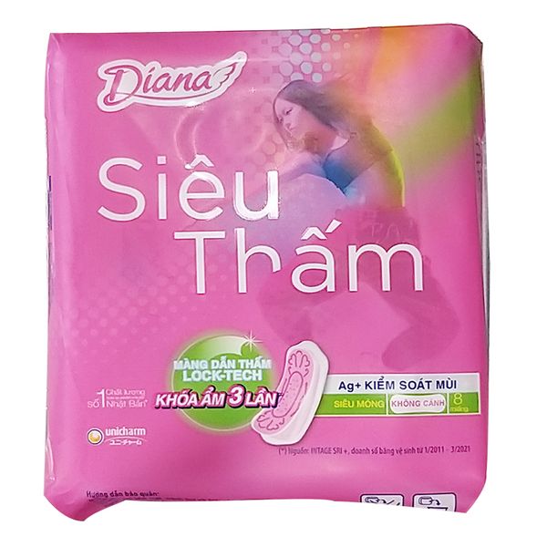  Băng vệ sinh Diana siêu thấm kiểm soát mùi siêu mỏng không cánh gói 8 miếng 