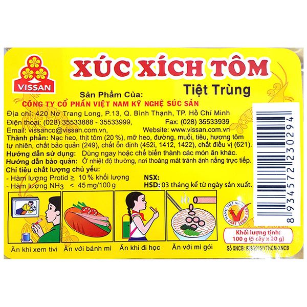  Xúc xích tiệt trùng tôm Vissan gói 5 cây x  20g 