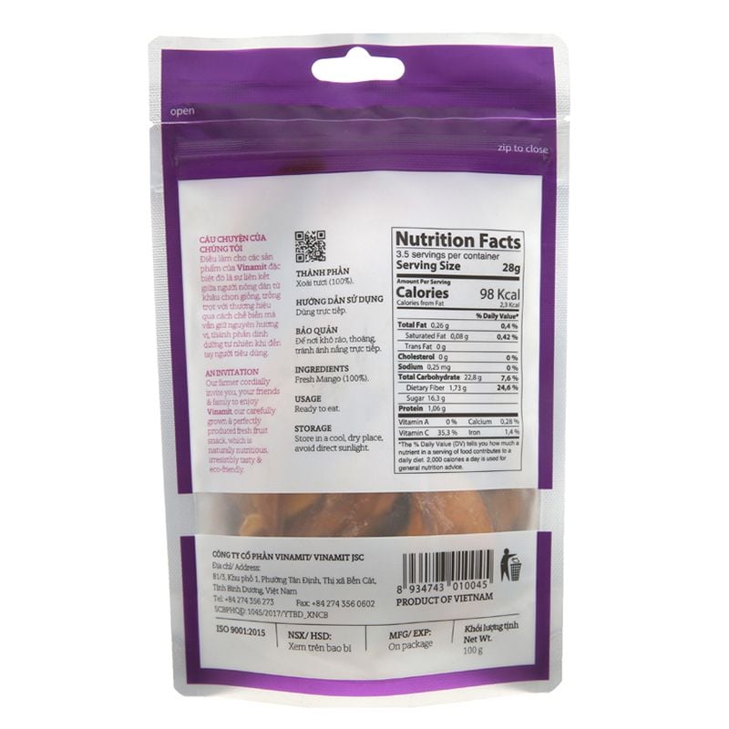  Xoài sấy dẻo không đường Vinamit túi 100g 