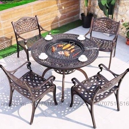 Bộ Bàn Tròn 4 Ghế Nhôm Đúc Ngoài Trời (Có Bếp Than) BV06+AV04