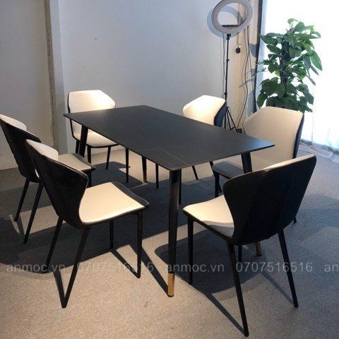 Bộ Bàn Ăn Mặt Đá Ceramic Chân Côn Chụp Inox 6 Ghế Vaz