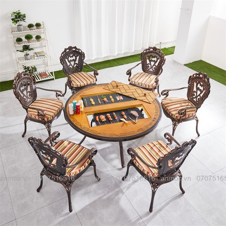 Bàn Tròn Nhôm Đúc Ngoài Trời (Có 2 Bếp Than) AM-B01