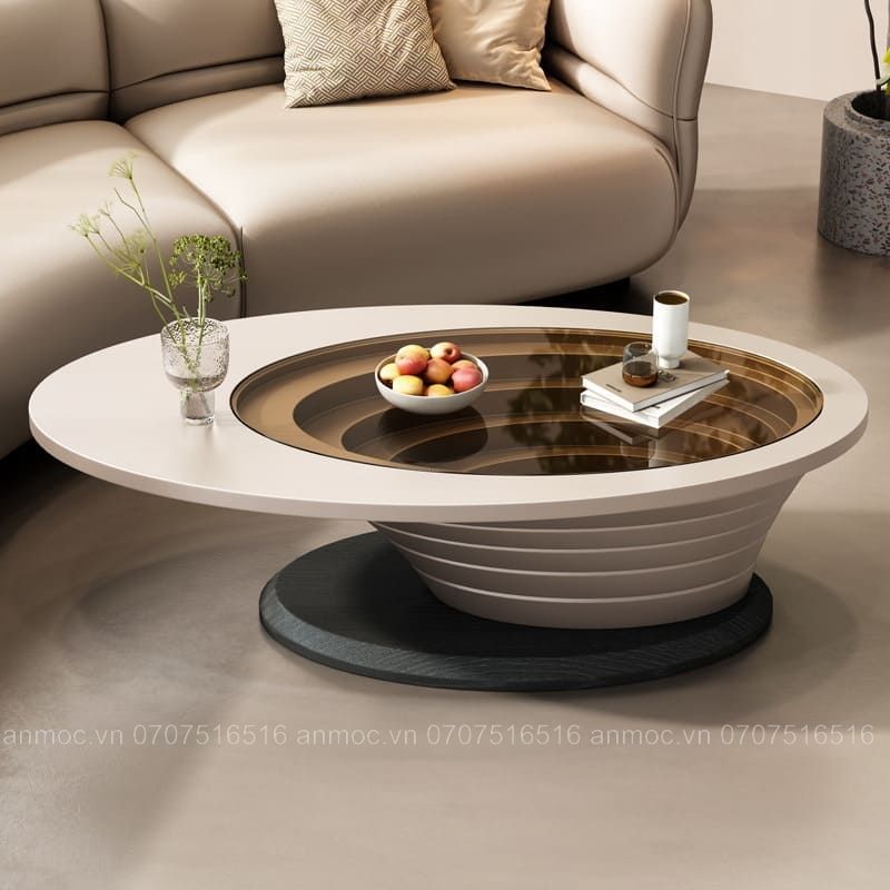 Bàn Trà Oval Mặt Kính, Chân Gỗ AM-AD64