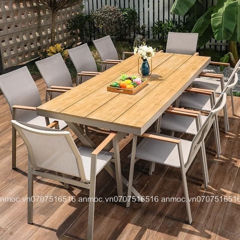  Bộ Bàn Chữ Nhật Composite Chân Chéo 10 Ghế Lưới Teslin Ngoài Trời 