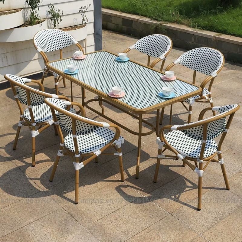 Bộ Bàn Cafe Mây 6 Ghế Ngoài Trời