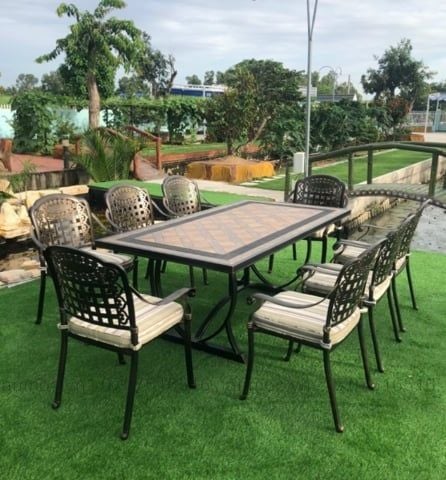 BỘ BÀN MẶT ĐÁ 8 GHẾ NHÔM ĐÚC NGOÀI TRỜI