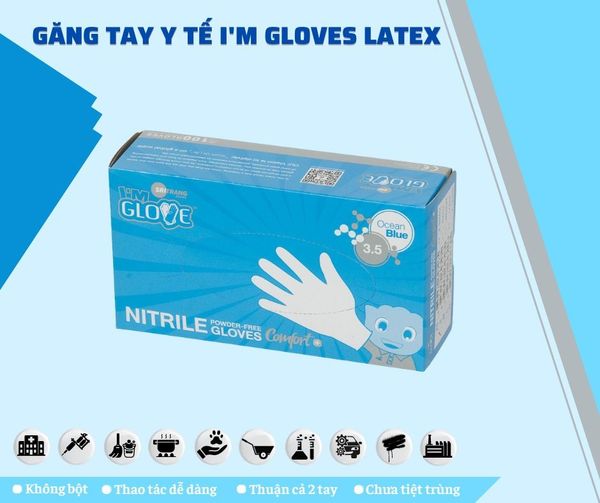 Găng tay y tế cao su nhân tạo không bột Nitrile I'm Gloves hộp 100 cái Hàng Thái Lan (màu xanh dương)