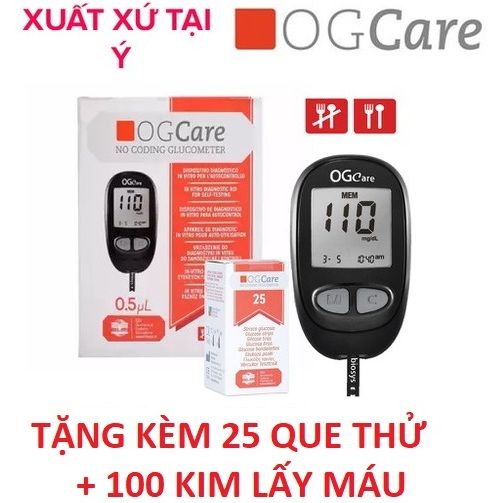 Combo Máy đo đường huyết OG Care (Ý) tặng kèm 25 que thử và 100 kim lấy máu