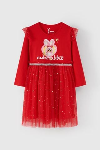 [Độc quyền Online] Đầm thun phối voan tay dài thỏ bông Baby Three bé gái Rabity 951.012