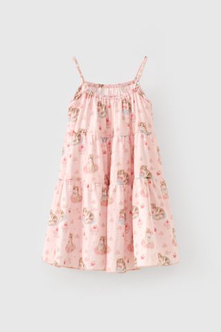 Đầm hai dây dáng tầng vai đính ngọc trai hoạ tiết mèo con đáng yêu bé gái Rabity 954.006