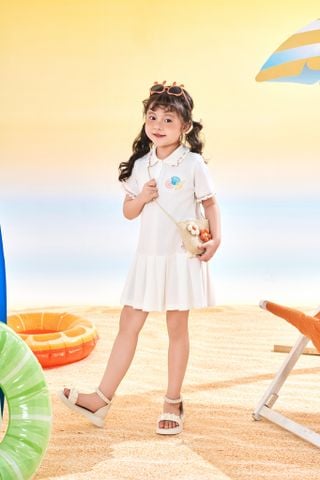 Đầm thun polo tay ngắn xếp ly thêu vỏ sò bé gái Rabity 950.073