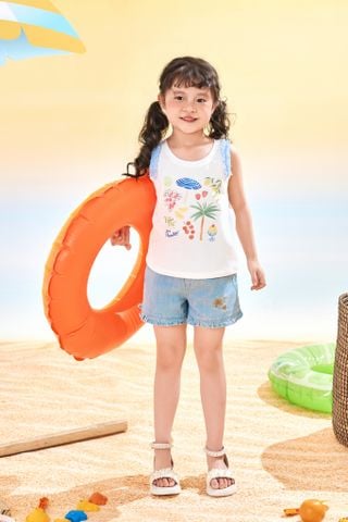 Quần short jeans gấu bèo nhún hoạ tiết biển cả bé gái Rabity 931.011