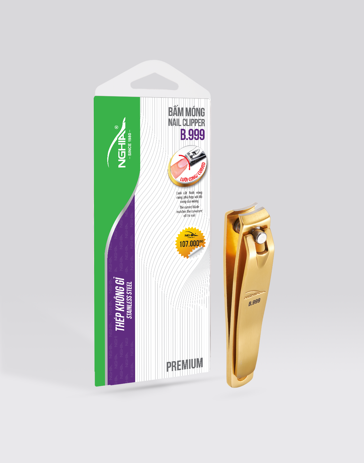 Bấm móng tay inox Kềm Nghĩa mạ vàng 24K lưỡi cong loại lớn B.999