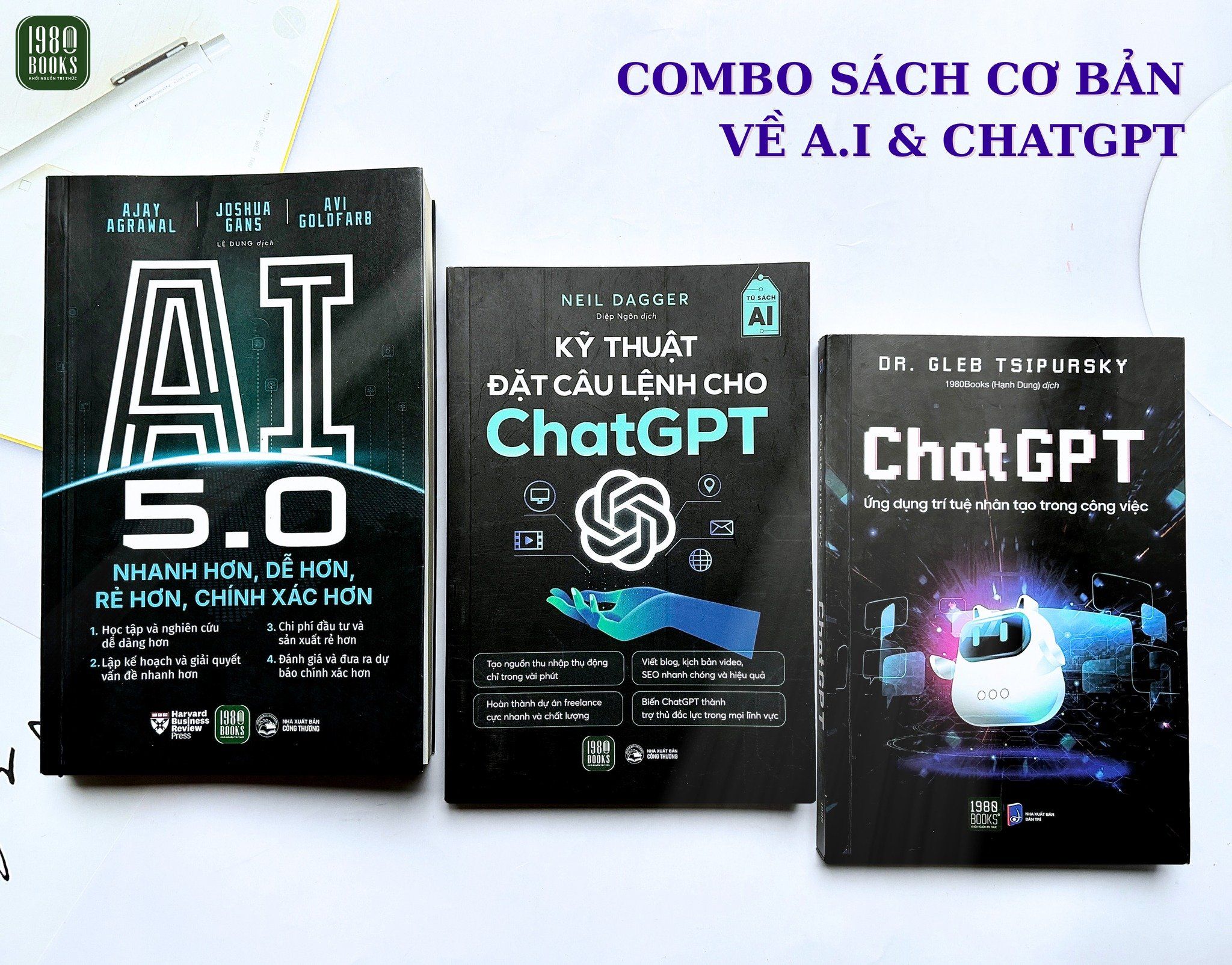  Combo 3 cuốn sách AI 5.0 + Kỹ thuật đặt câu lệnh cho ChatGPT + ChatGPT 