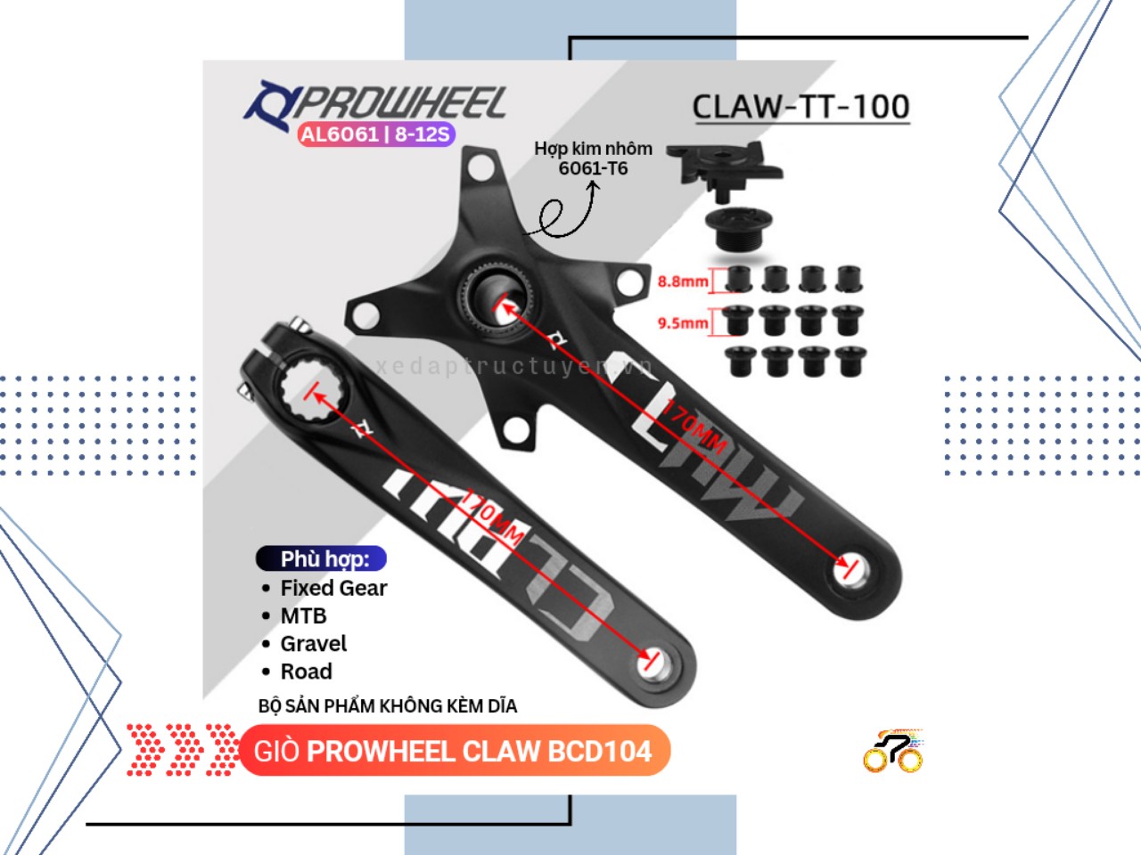 GIÒ KHÔNG DĨA MTB - PROWHEEL CLAW - BCD 104 (KHÔNG KÈM TRỤC RỖNG)