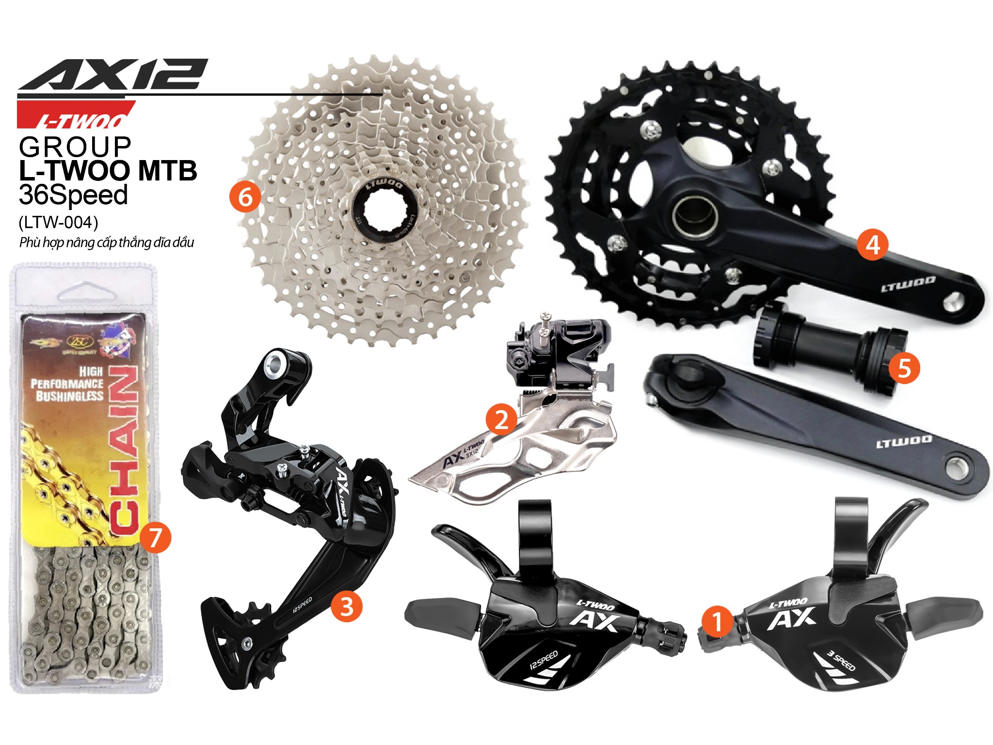 BỘ GROUP XE ĐẠP - LTWOO AX12 - MTB 36 TỐC ĐỘ - LÍP THẢ (FULL GROUP)