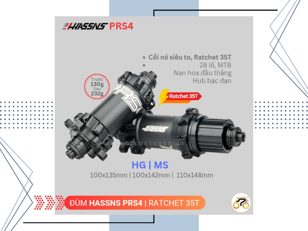 ĐÙM XE ĐẠP - HUB HASSNS PRS4 - MTB - CỐI HG (NỔ TO) - RATCHET 35 - BẠC ĐẠN - THẮNG ĐĨA - LÍP THẢ - 28L (CẶP)