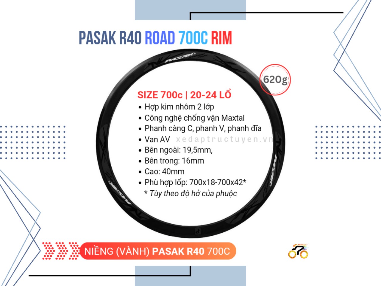 NIỀNG XE ĐẠP PASAK R40 - 700c MÁ PHANH - 4.0cm - 20L