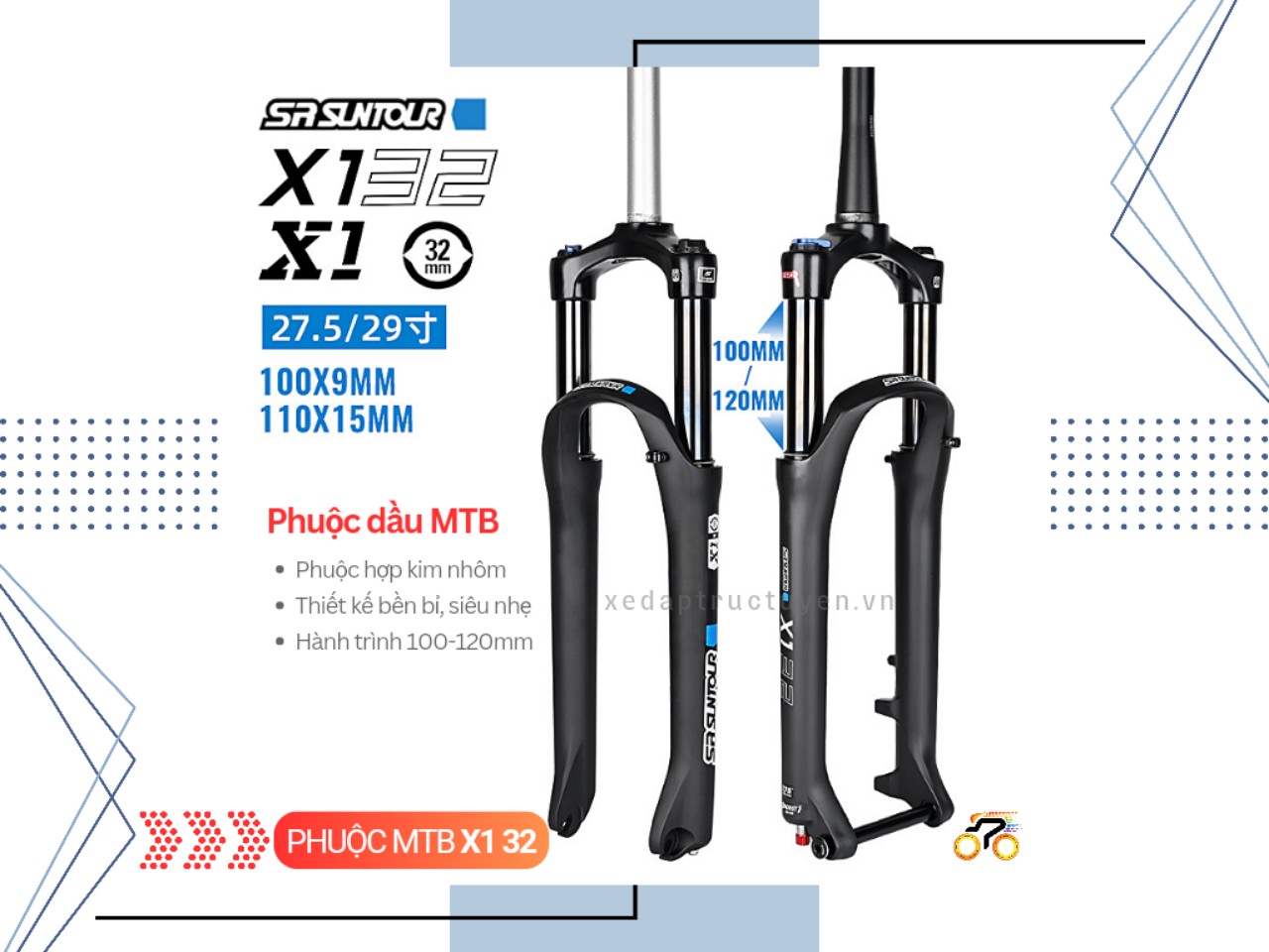 PHUỘC XE ĐẠP MTB 27.5 - SUNTOUR X1 2024 - DẦU - REMOTE - REBOUND - CỔ NỞ - HÀNH TRÌNH 130mm - THẮNG ĐĨA