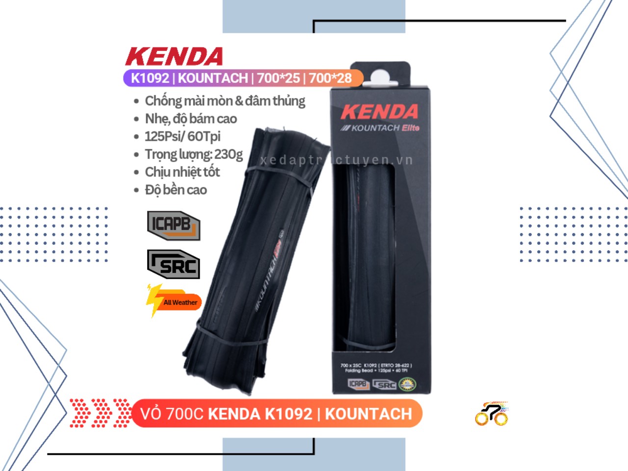 VỎ XE ĐẠP 700c - KENDA KOUNTACH K1092 - 700x28 (1 CÁI)