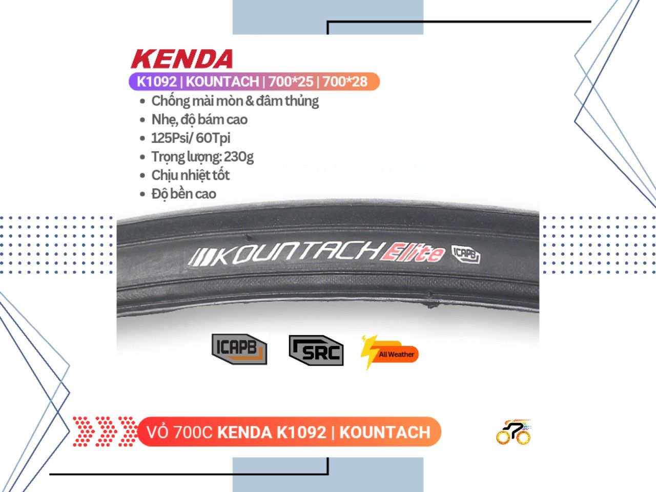 Kenda Kountach K1092 700x28C Bike Tire - Racing Clincher With K-Armor Protection, 120 TPI