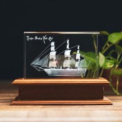 Khối Pha Lê 3D Thuận Buồm Xuôi Gió VIP Đế Gỗ Led