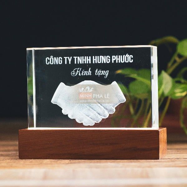 Khối pha lê 3d hợp tác và đế gỗ led