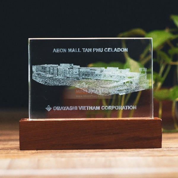 Khối pha lê 3d toà nhà và đế gỗ led