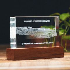 Khối pha lê 3d toà nhà và đế gỗ led