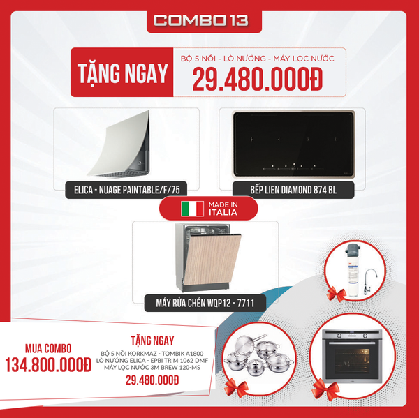 Combo Elica 13 -  Máy hút mùi -  Bếp cảm ứng từ -  Máy rửa chén tủ âm Elica