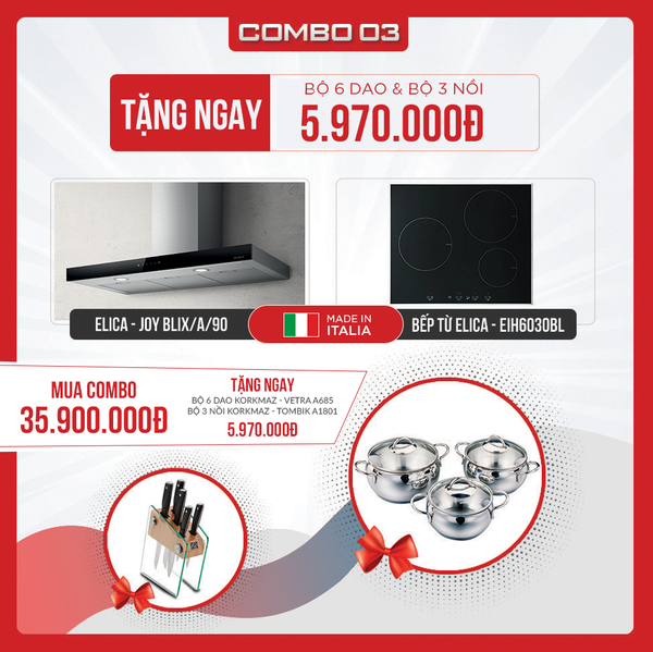 Combo Elica 3 - Máy hút mùi Elica JOY BLIX/A/90 - Bếp cảm ứng từ Elica EIH6030BL 3 vùng nấu