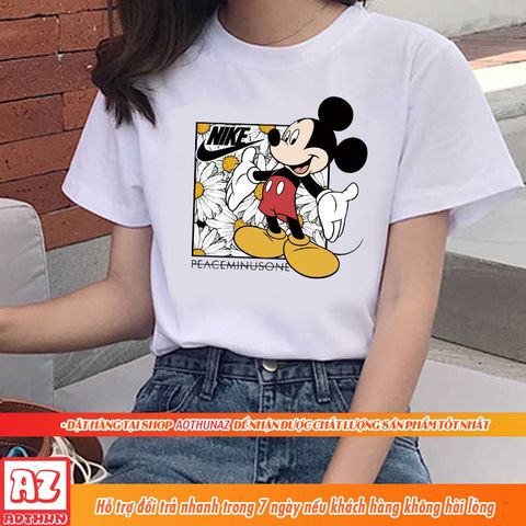  Áo thun Thái nam nữ in hình chuột Mickey hoa cúc trắng Peaceminusone M2624 
