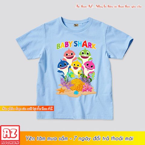  Áo thun trẻ em in hình cá mập baby shark màu cam trắng hồng xanh biển M2899 