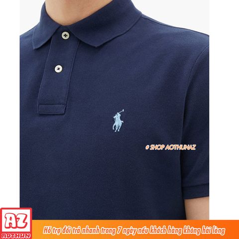  Áo thun Nam màu xanh đen có cổ trụ polo logo thêu - Vải cá sấu cao cấp MT498 