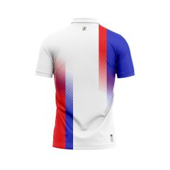 Áo thun đồng phục polo trắng phối họa tiết xanh đỏ