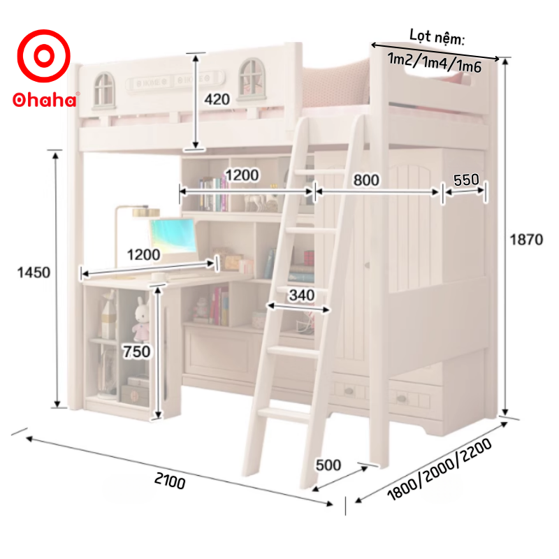 Giường tầng thông minh cao cấp Ohaha có tủ áo và bàn học - GTCC026