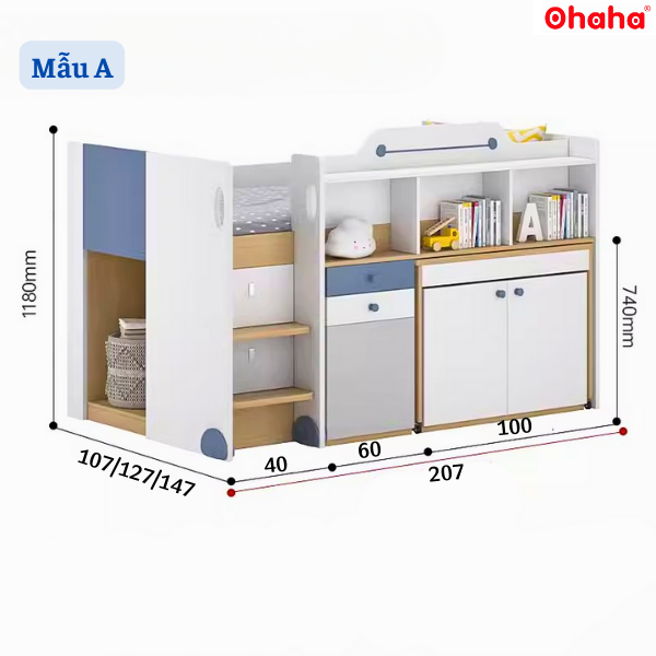 Giường tầng thông minh xếp gọn Ohaha có bàn học - GTXG010
