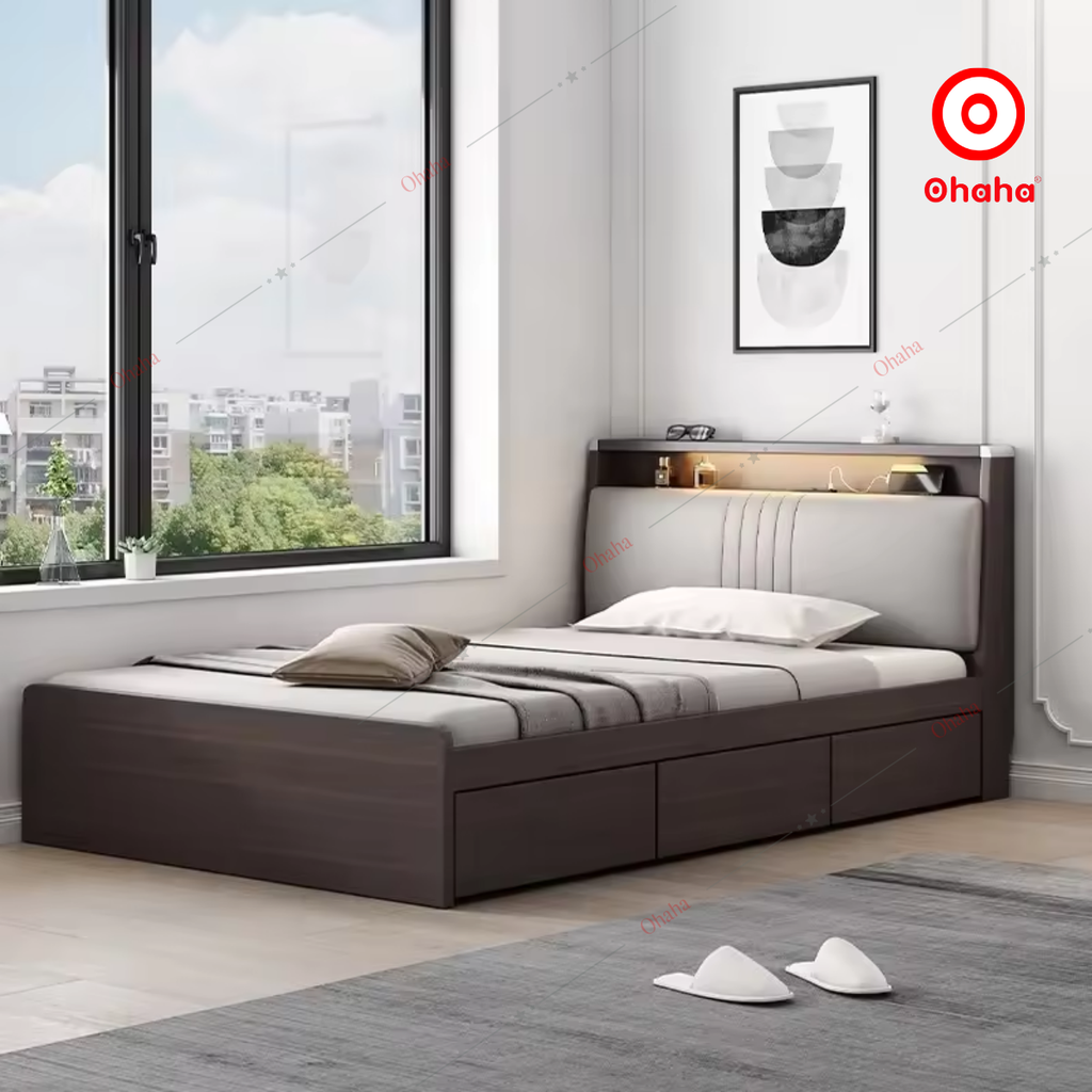 Giường ngủ công nghiệp bọc nệm OHAHA - Kèm đèn LED cảm biến- GN031