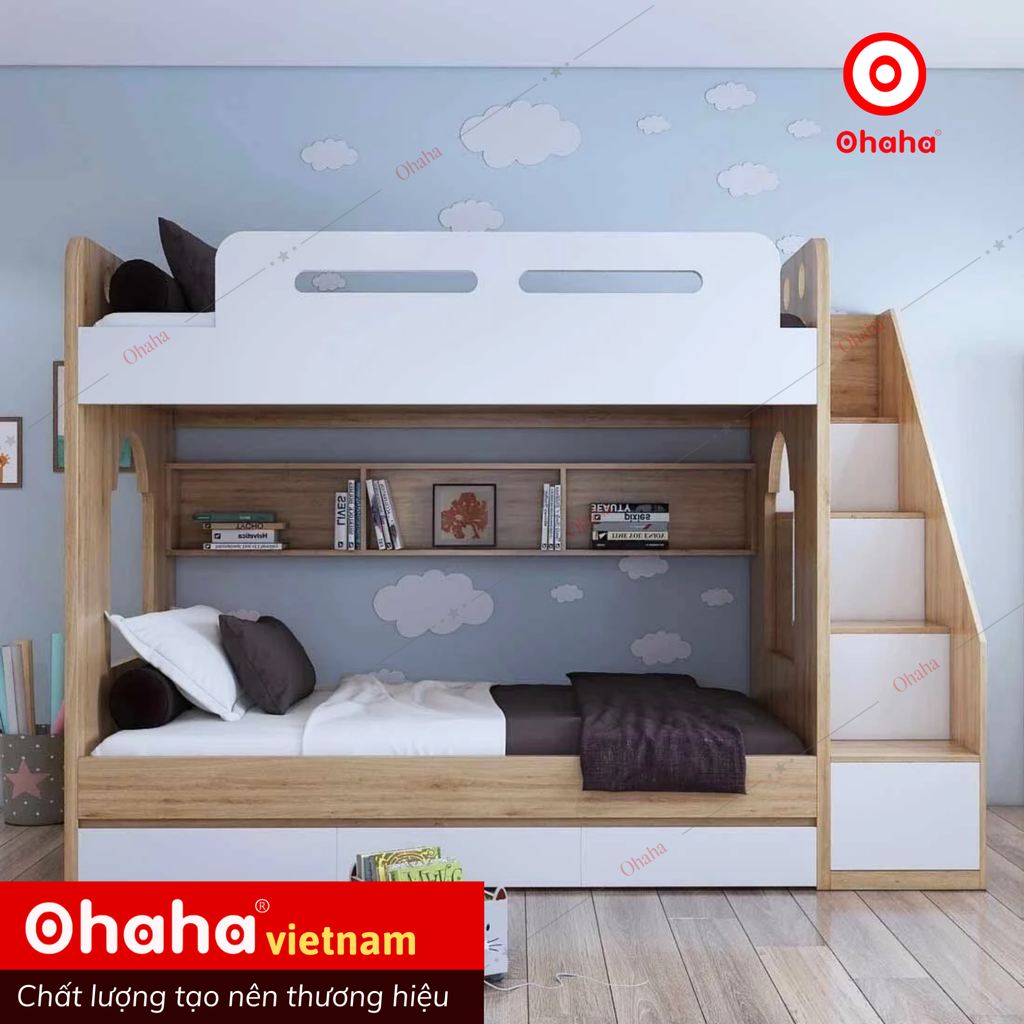 Giường tầng thông minh hiện đại Ohaha kèm hệ tủ mở bên hông - GTHĐ021