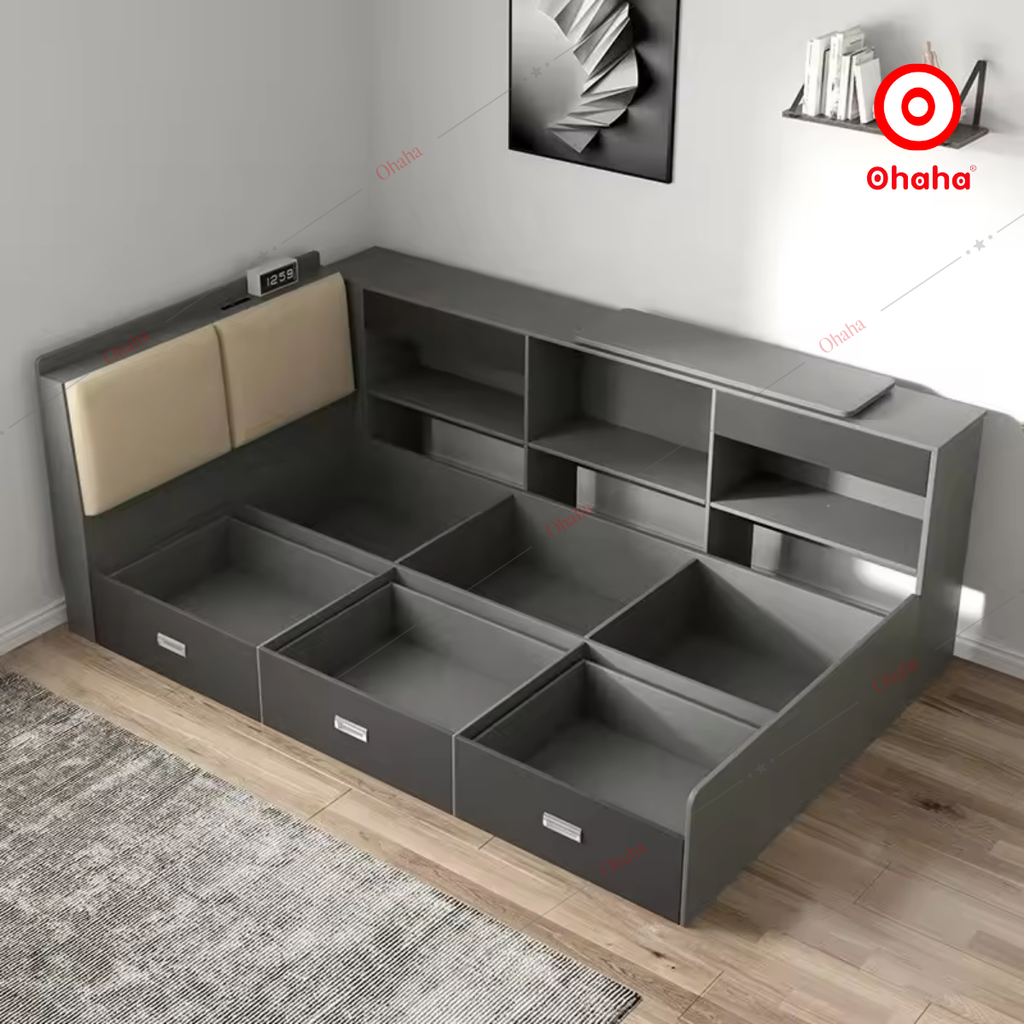 Giường ngủ công nghiệp bọc nệm kèm tủ sách OHAHA - GN033
