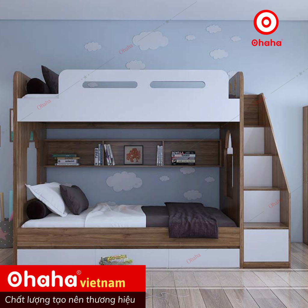 Giường tầng thông minh hiện đại Ohaha kèm hệ tủ mở bên hông - GTHĐ021