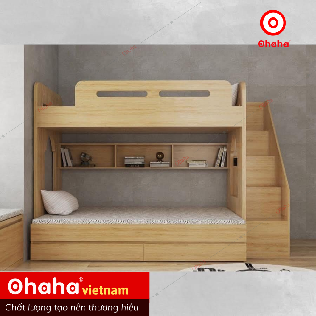 Giường tầng thông minh hiện đại Ohaha kèm hệ tủ mở bên hông - GTHĐ021