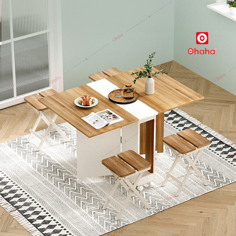 Bàn ăn gấp gọn thông minh có ghế và bánh xe Ohaha - BA033