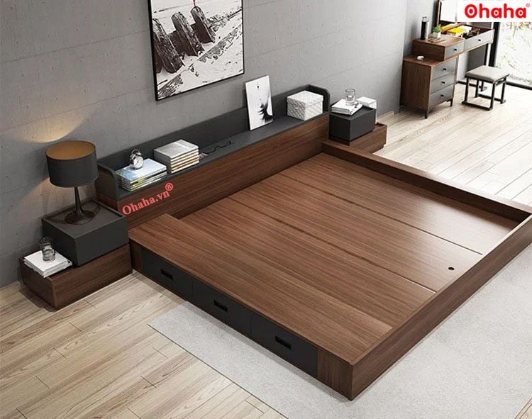 Giường ngủ bệt kiểu Nhật kèm tủ đầu giường và hộc kéo Ohaha - GB004