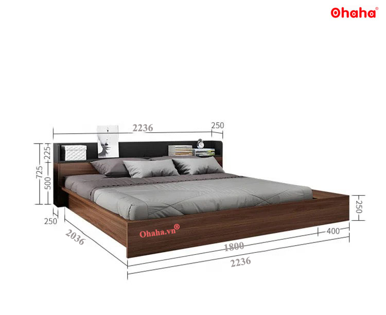 Giường ngủ bệt kiểu Nhật kèm tủ đầu giường và hộc kéo Ohaha - GB004